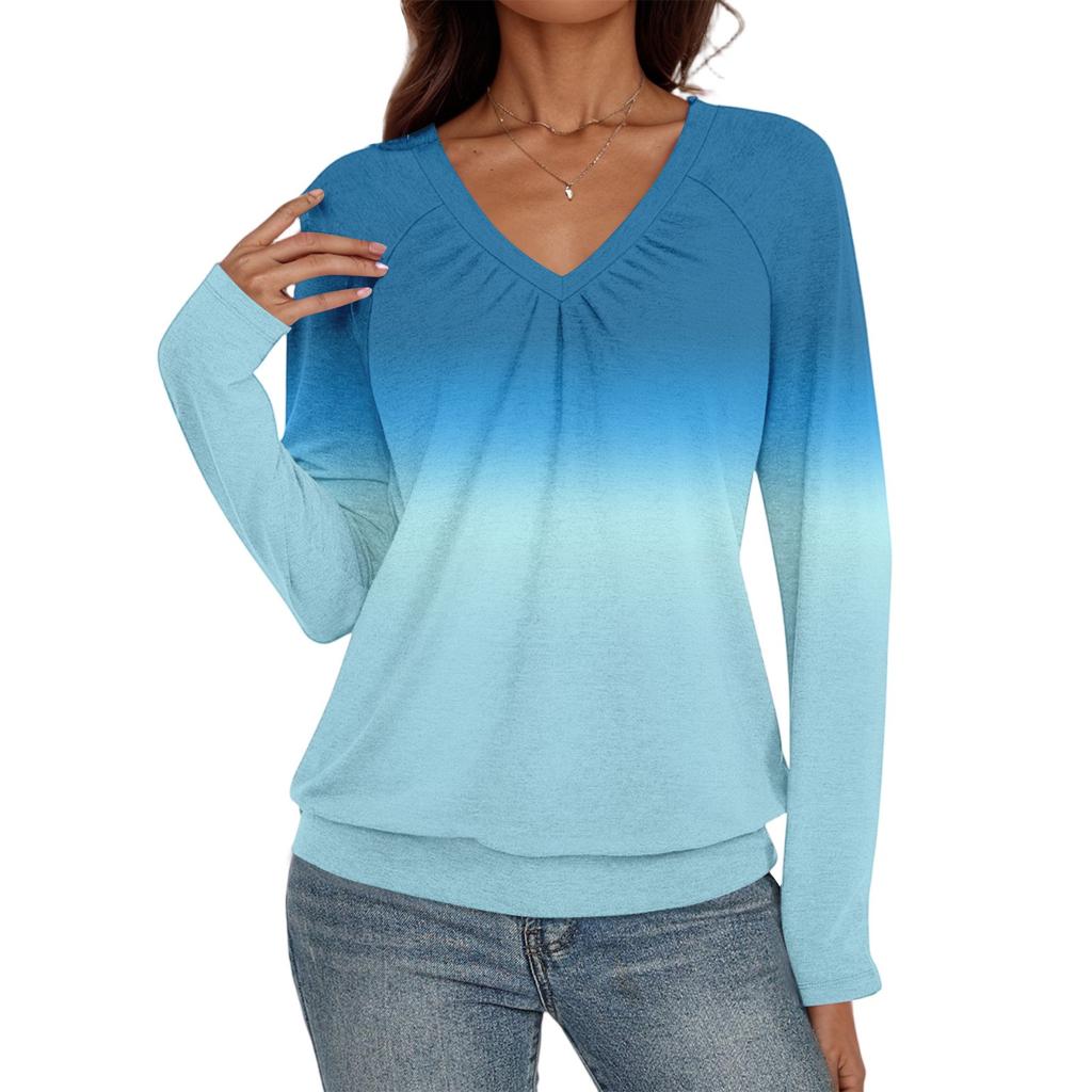 Women's Casual Fashion V-Neck Raglan Pleated Color Long Sleeve Top