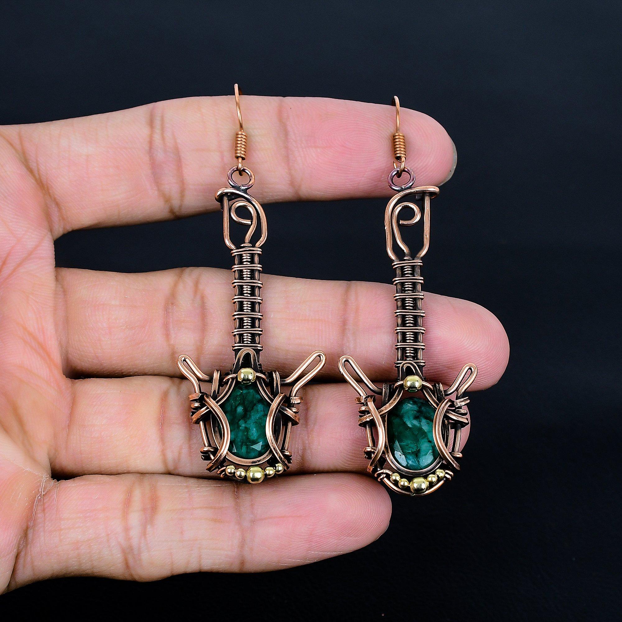 

Серьги из медной проволоки 999 пробы с изумрудом, Ювелирные изделия с драгоценными камнями ручной работы, Подарки для жены, Совершенно новые серьги 2.55 Inches