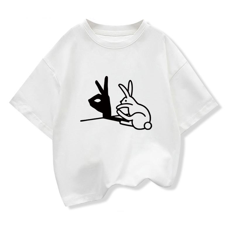 Children s T-shirt with Fun Shadow Puppet Design Print, Summer Casual Loose Round Neck, Boys T-shirt 100