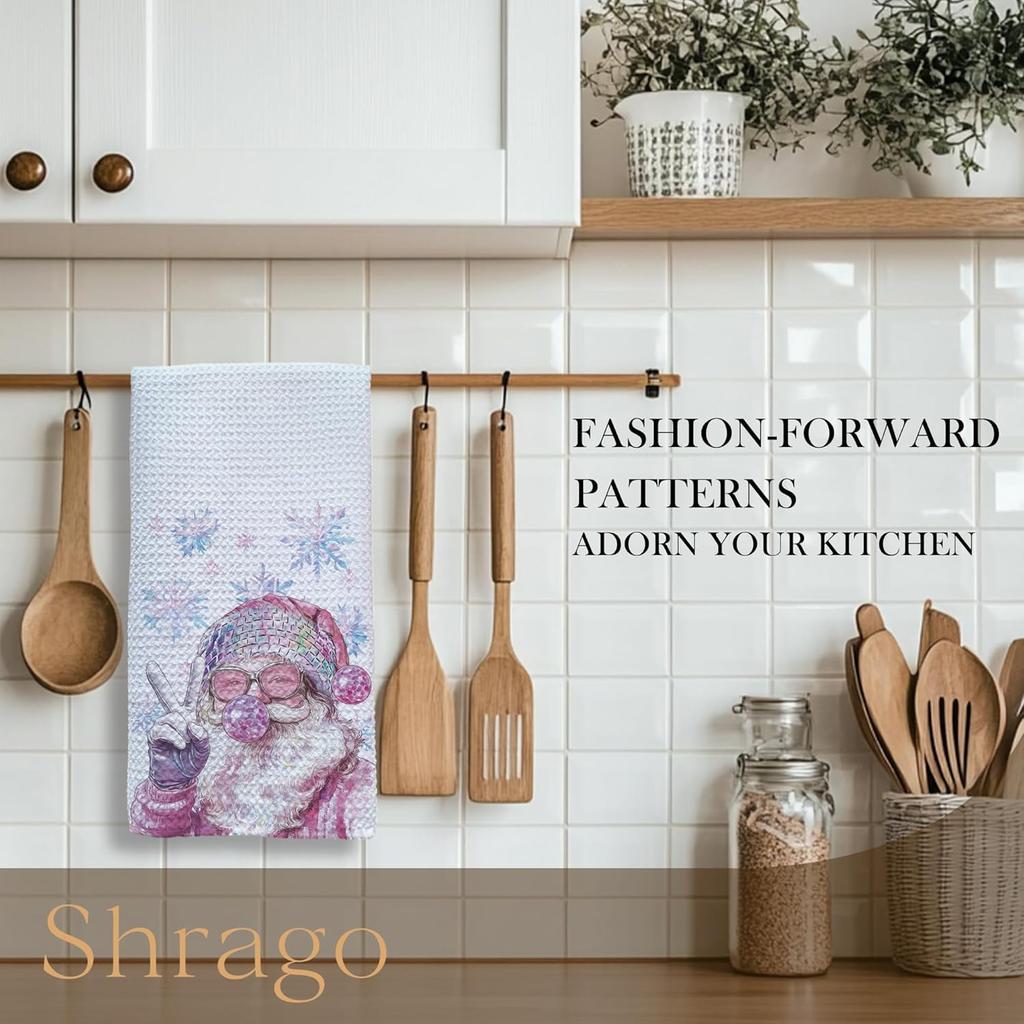 Pink Santa Winter Kitchen Towels, Snowflake Winter Dish Tea Towels for Kitchen, Funny Christmas Santa Claus Holiday Decorative Hand Towel for