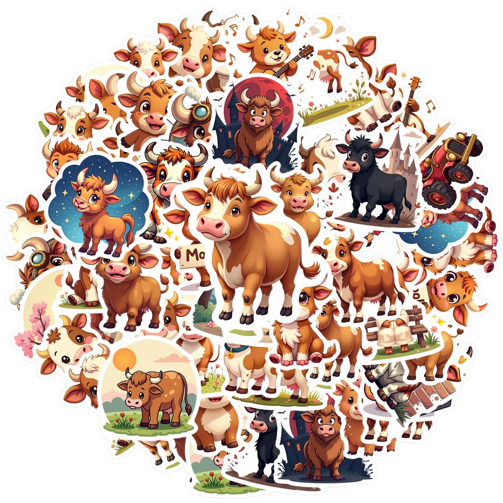 35-150pcs Cartoon Ox Graffiti Sticker Kawaii Animal Decals Laptop Helmet Luggage Guitar Aesthetic Stickerss