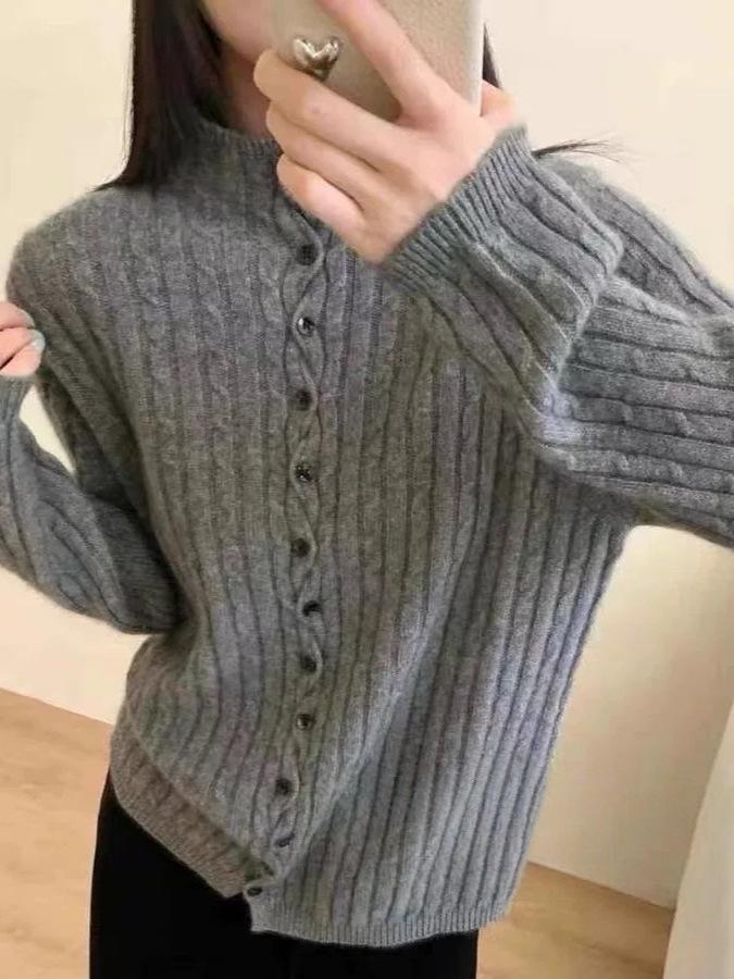 Button-Up Cable Knit Half-High Collar Sweater Cardigan