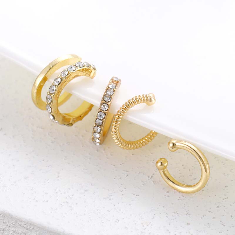 4Pcs Fashion Metal Crystal Ear Clip Earrings for Women Simple Gold Color C-shaped Non Piercing Fake Cartilage Ear Cuff Jewelry