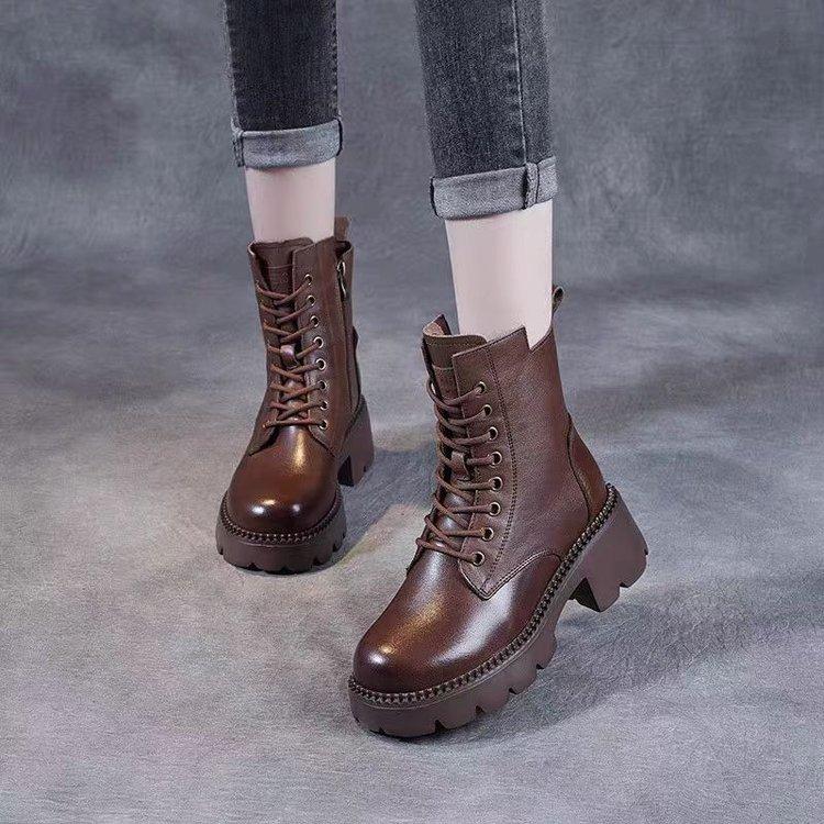 Small Man Height Increase Medium Tube Martin Boots Women's British Style 2025 New Autumn and Winter Women's Shoes Fleece Thickened Short Boots