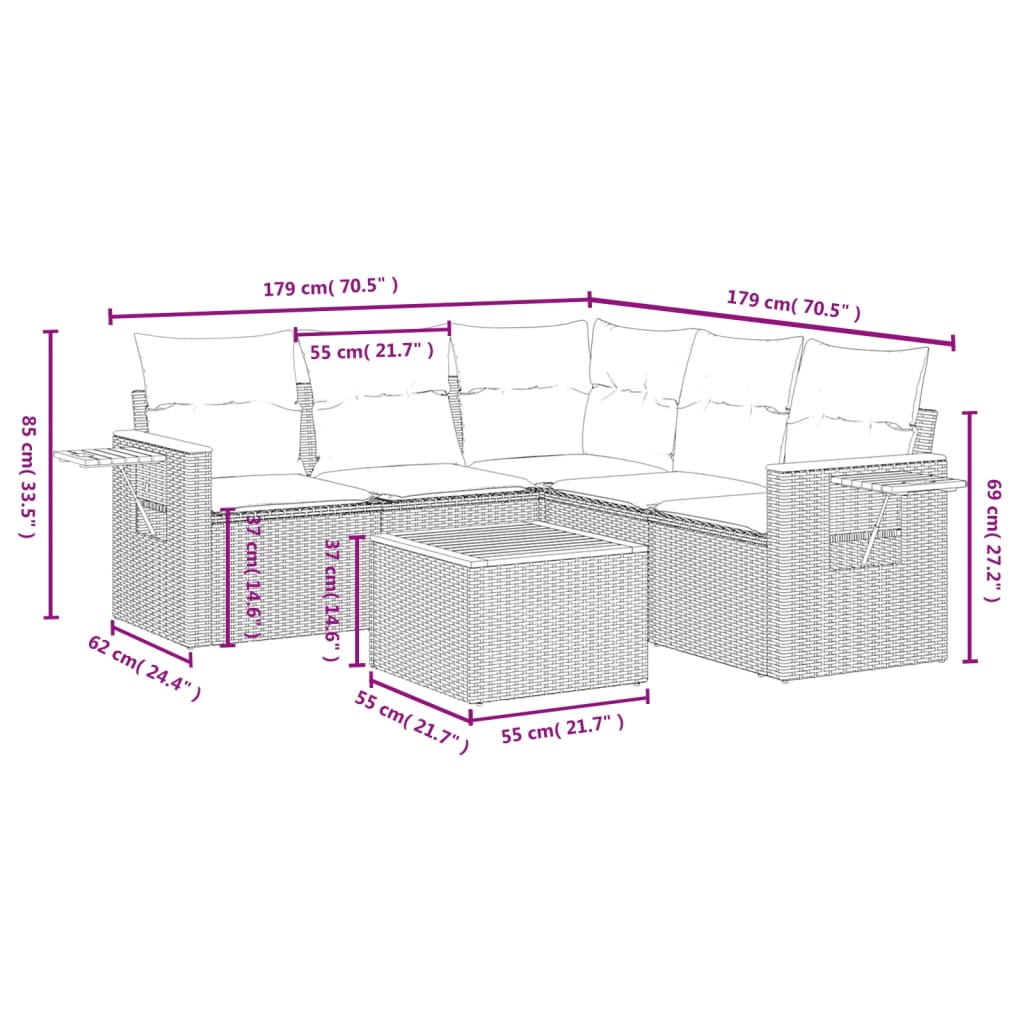 Vidaxl 6-Cz. Garden Furniture Set With Cushions, Grey, Poly Rattan