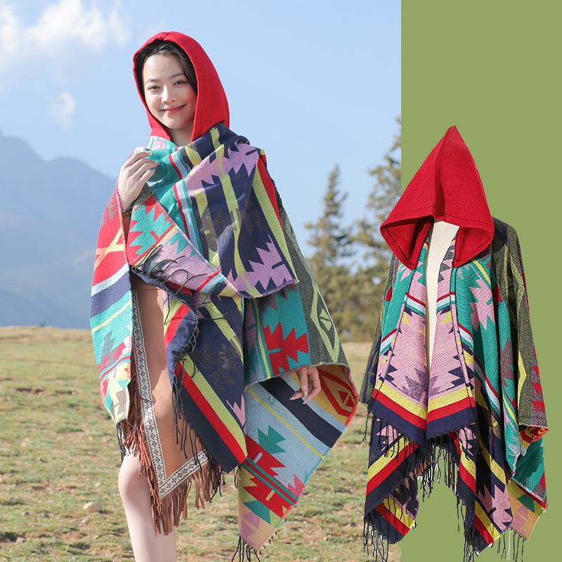 Autumn Winter Elegant Retro Print Scarf Women Layers Poncho Warm Tassels Scarve Capa Para Mujer Pashmina Cloak Wrap Shawl