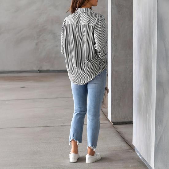 Women Shirt Lapel Long Sleeve Single Breasted Shirt Tops with Patch Pocket Loose Fit Breathable Office Tops