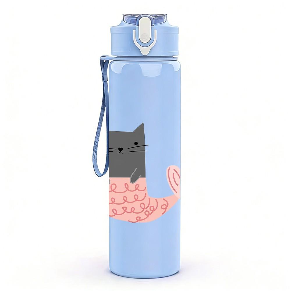 1PC Mermaid Cat Character Pattern 750ml Color Plastic Sports Water Bottle Leakproof Flip Straw Lid Suitable for Sports Office Home Use