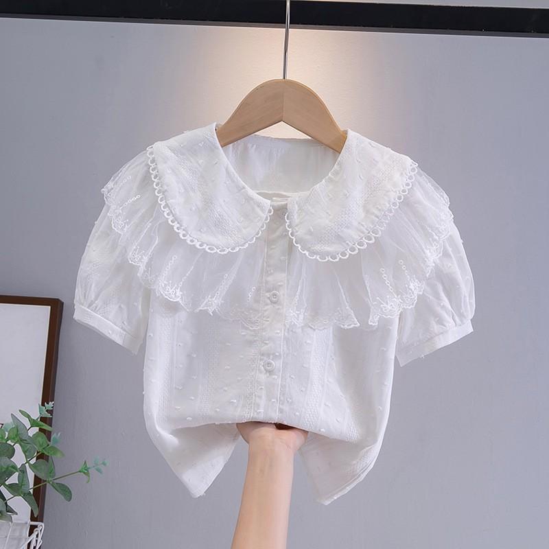 

Дитяча футболка з коротким рукавом, студентська, у коледжному стилі, топ з ляльковим коміром, літня футболка з 100% бавовни для дівчинки 140 білий