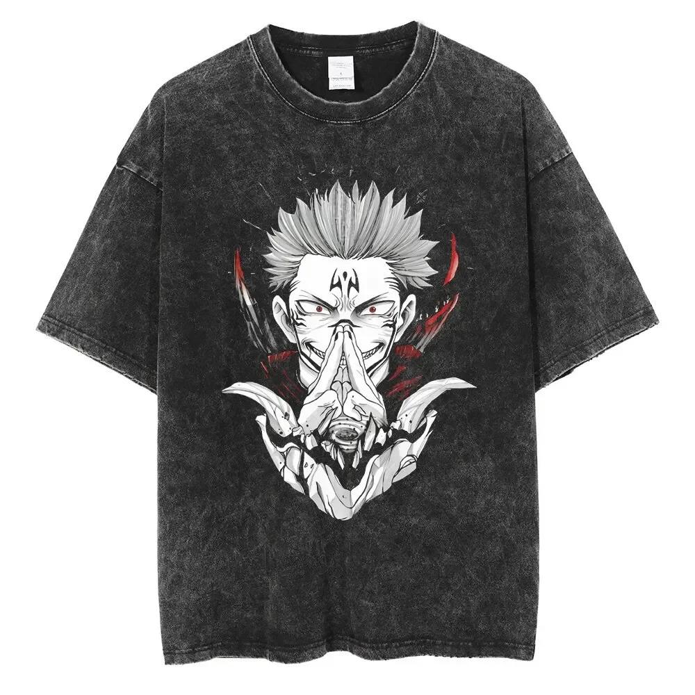 Vintage Anime Printed Washed T-shirt Men Women Cotton T Shirt Unisex Y2K Streetwear Crew Neck Retro Short Sleeve Tees Top