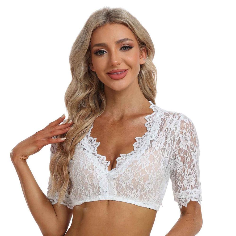 Women s V Neck Short Sleeve Crop Top A Line Solid Sheer Lace Cropped Blouse S