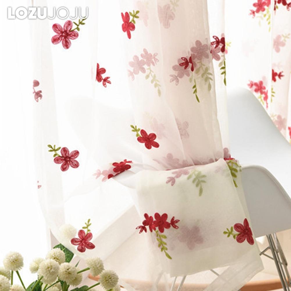 1PC LOZUJOJU Exquisite and Versatile Pastoral Style Red Floral Embroidered Sheer Curtain Tulle for Living Room Bedroom Window Decoration Home Decor