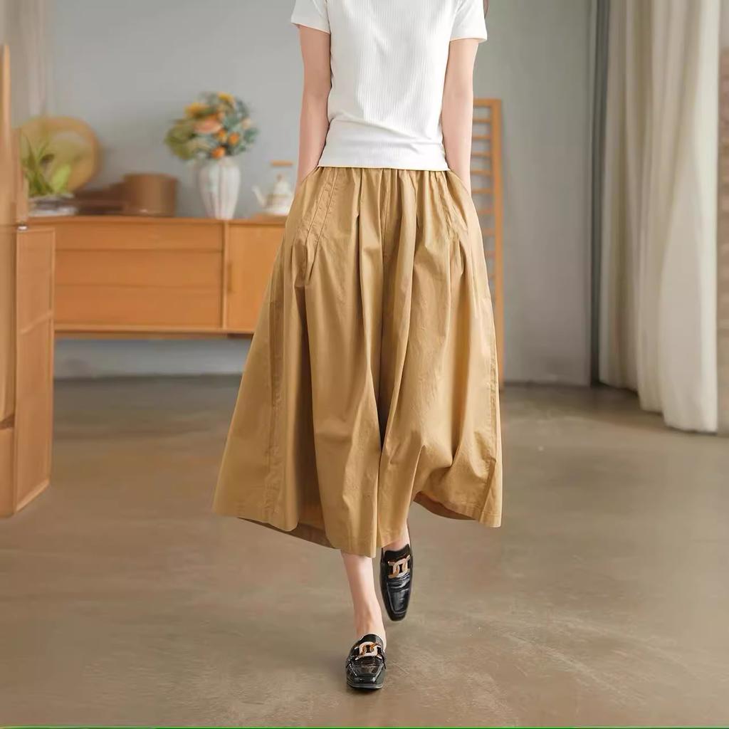 Khaki Ladies's Pants Pure Cotton Casual Loose Elastic Waist Wide Leg Pants Ladies Summer Retro Black Skirt Pants