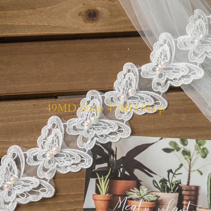 49MD 1 Yard Bowknot for Butterfly Embroidered Lace Trim Ribbon Imitation Pearl Beaded Applique DIY Sewing Craft Wedding Bridal