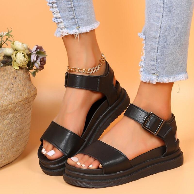 Large size one-word sandals women's style sandals TEUM explosive belt buckle platform sandals