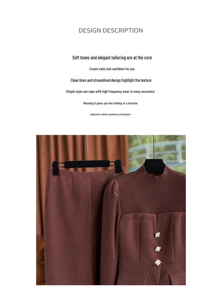 French Light Luxe Beaded Knit Top & Midi Skirt Set for Women