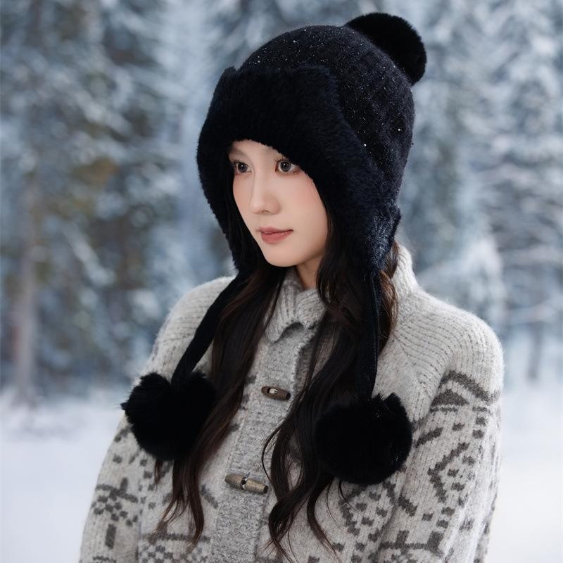 New Fleece Warm Knitted Hat Autumn and Winter Thickened Pullover Ear Protector Wool Fleece Hat Women's Hairball Hat