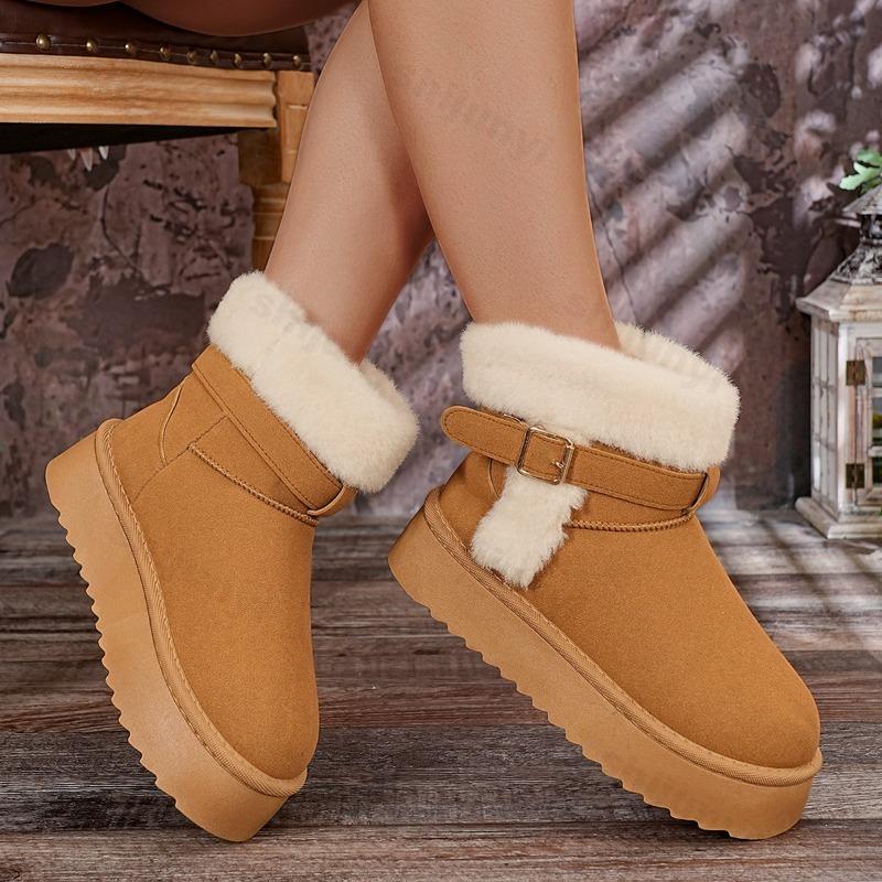Women Platform Snow Boots 2026 Winter New Plush Thicken Cotton Shoes Fashion Buckle Strap Height Increase Comfortable Warm Shoes