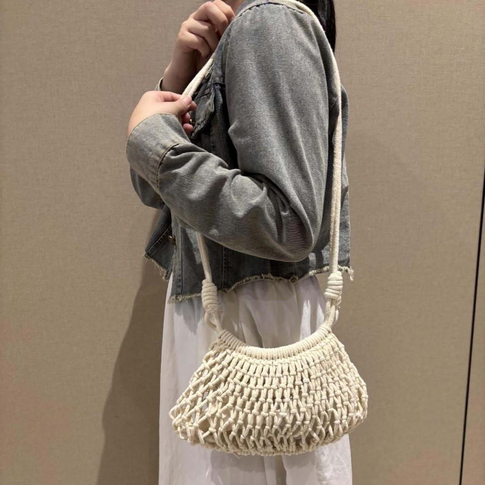 Large Capacity Crochet Shoulder Pouch Lightweight Net Pouch Yarn Woven Crossbody Bag Polyester Adjustable Strap