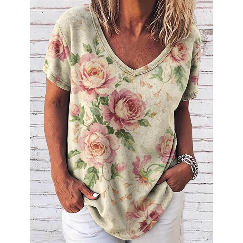 Women's Pansy Floral Print V Neck T-Shirt, Short Sleeve Casual Vintage Tops, Daily Wear for Spring & Summer
