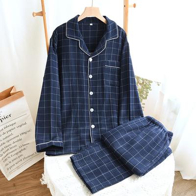 Spring and Autumn New Men's Pajama Set 100%Cotton Plaid Long Sleeved Pants Two Piece Set Cardigan Large Size Homewear