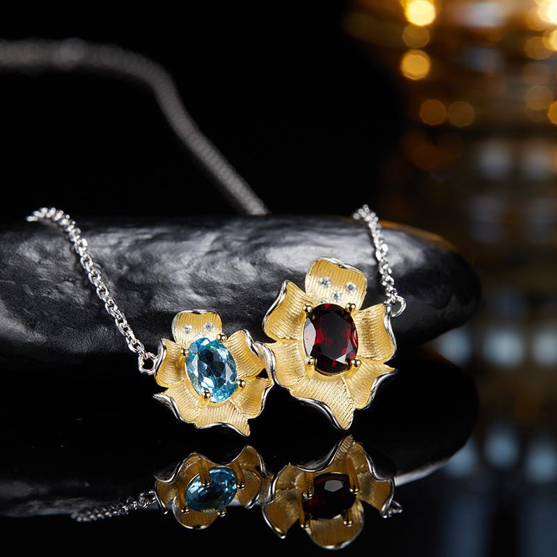 S925 Sterling Silver Necklace with Natural Color Treasures, Designed with Female Flowers, Necklace, Bracelet, Ring, Earrings