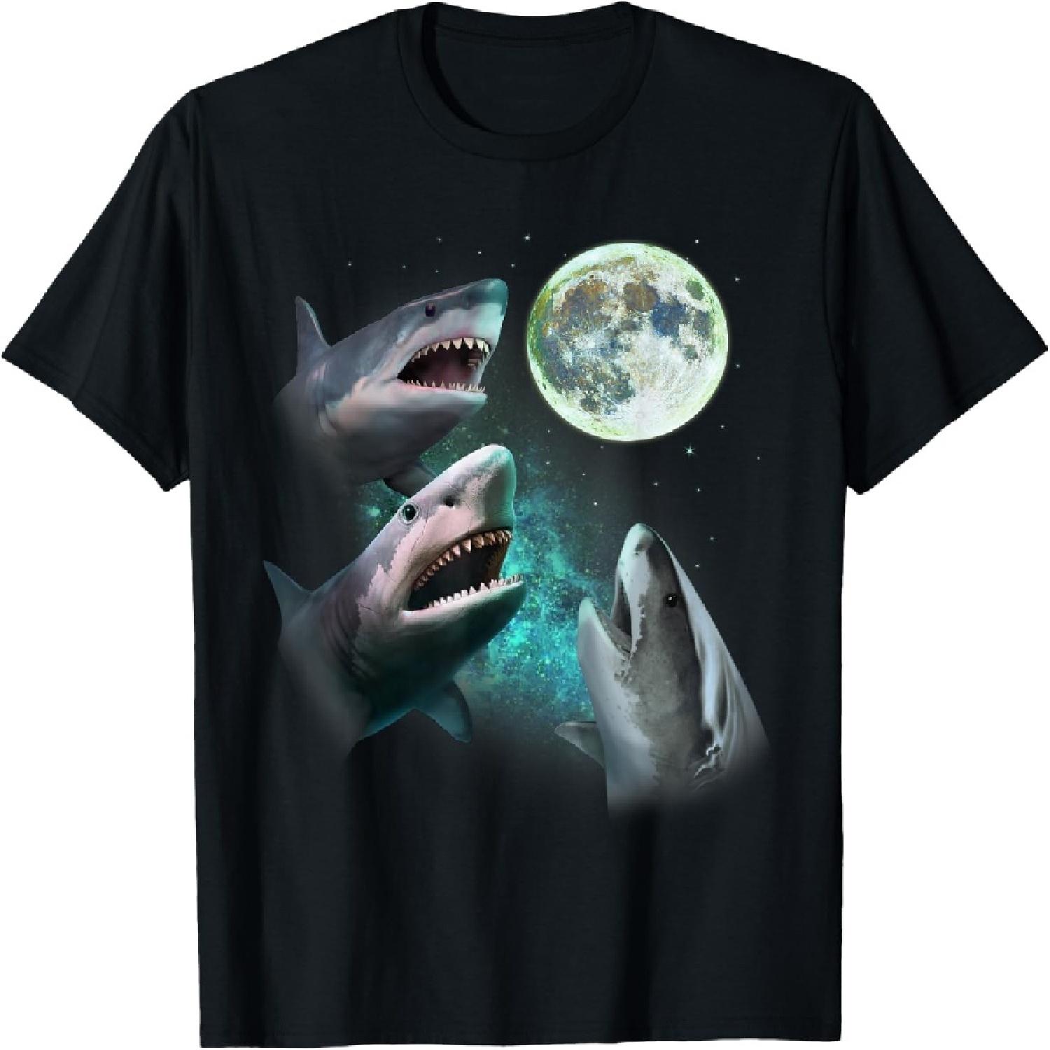 Three Great White Sharks Howl at Moon 3 Wolfs Funny Parody T-Shirt S