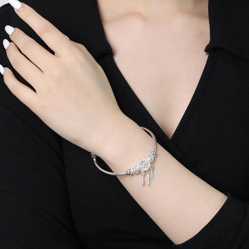 S999 Sterling Silver Dreamcatcher Bangle - Pure Silver Bracelet for Women, Perfect Qixi Festival Gift for Girlfriend or Bestie