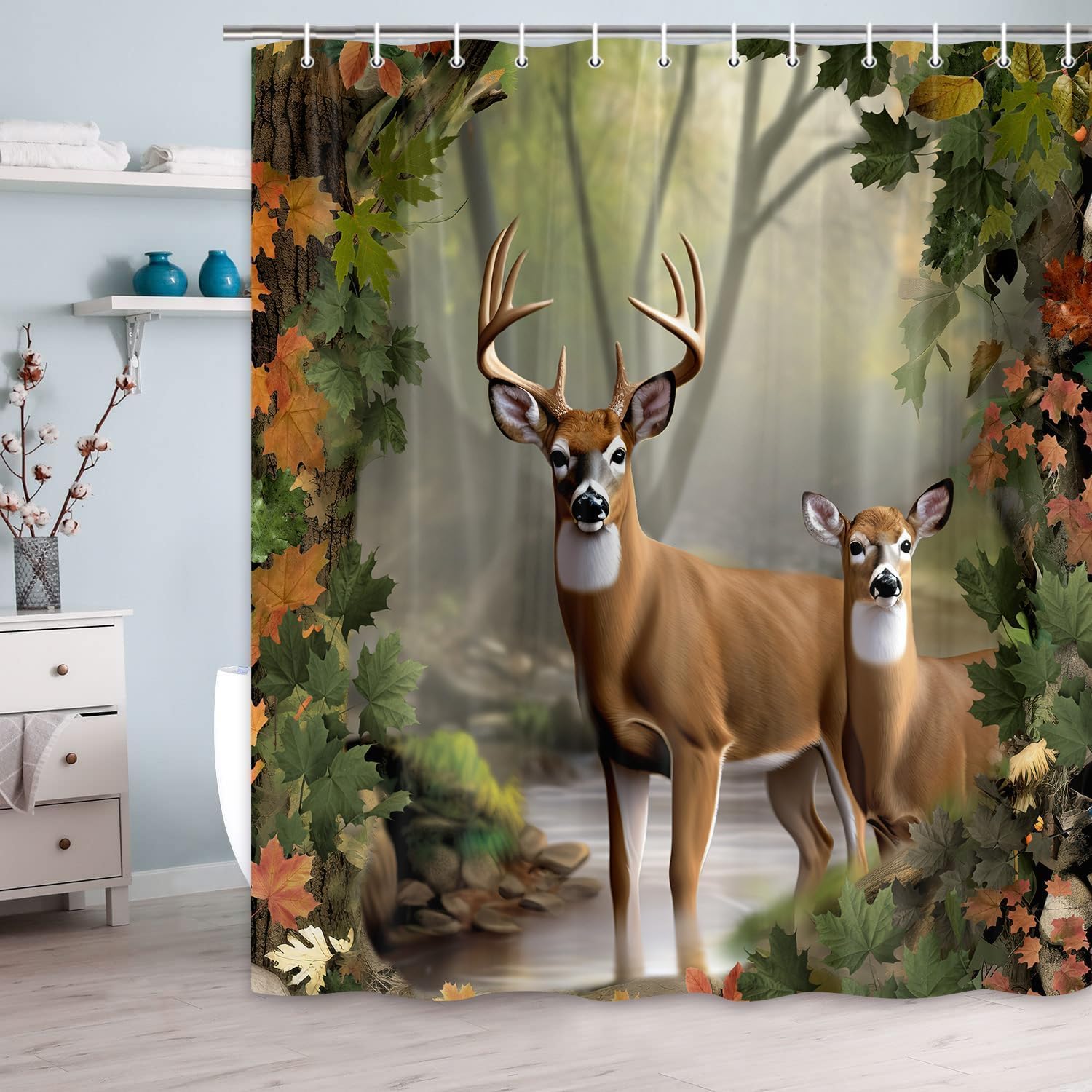 

Wildlife Deer Shower Curtain Set, Foggy Forest Elk Animal Design, Waterproof Fabric Bathroom Curtain with 12 Hooks, 71x71 Inches W90XH180cm
