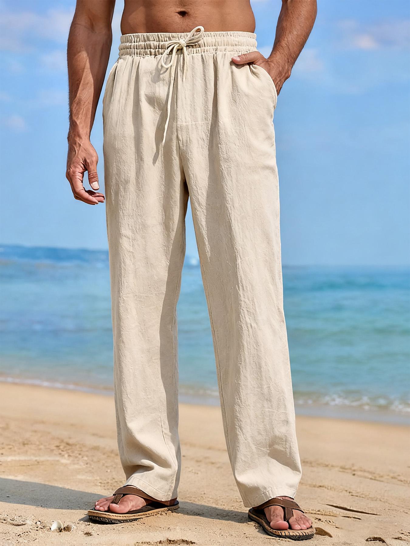 

Летние мужские брюки прямого кроя из смесового льна, пляжные, легкие, дышащие, повседневные, с эластичной талией и завязками для комфорта на весь день XXXL бежевый