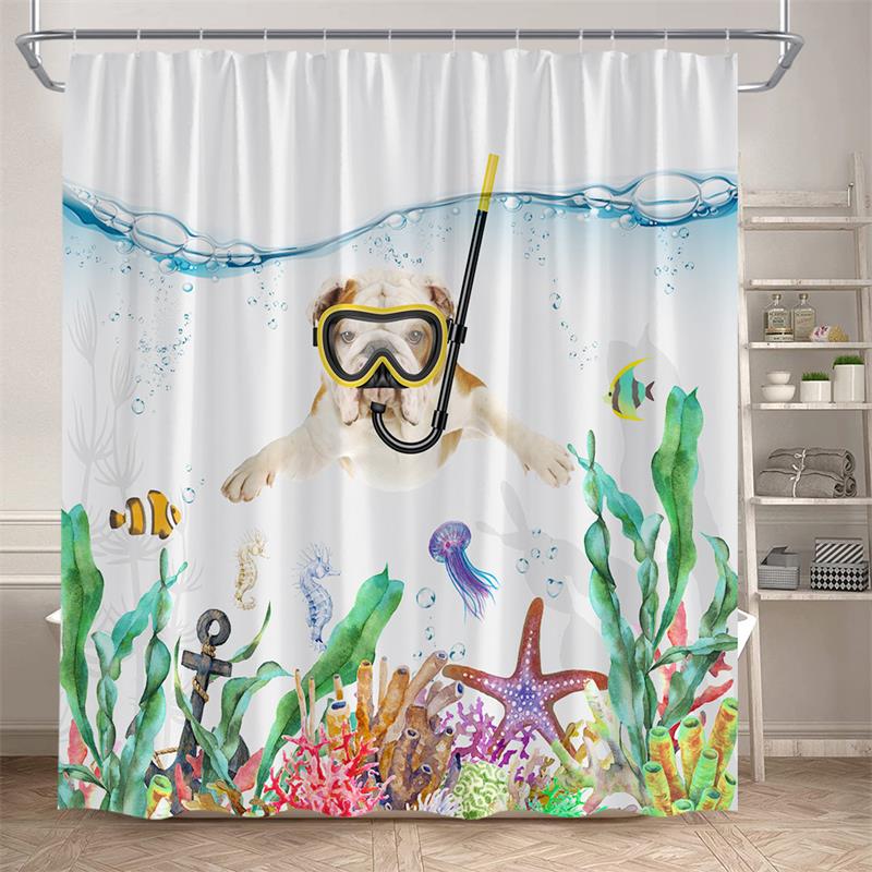 Funny Diving Cat Shower Curtain Whale Sea Turtle Seahorse Fish Coral Ocean Animals Underwater Scenery Children Bathroom Decor