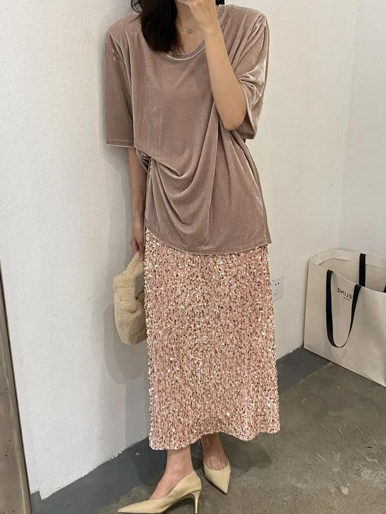 Fashionable Retro High,waisted Slimming Sequined Midi Skirt For Women With Elastic Waist, Back Slit, Stretchy Straight Long Skirt