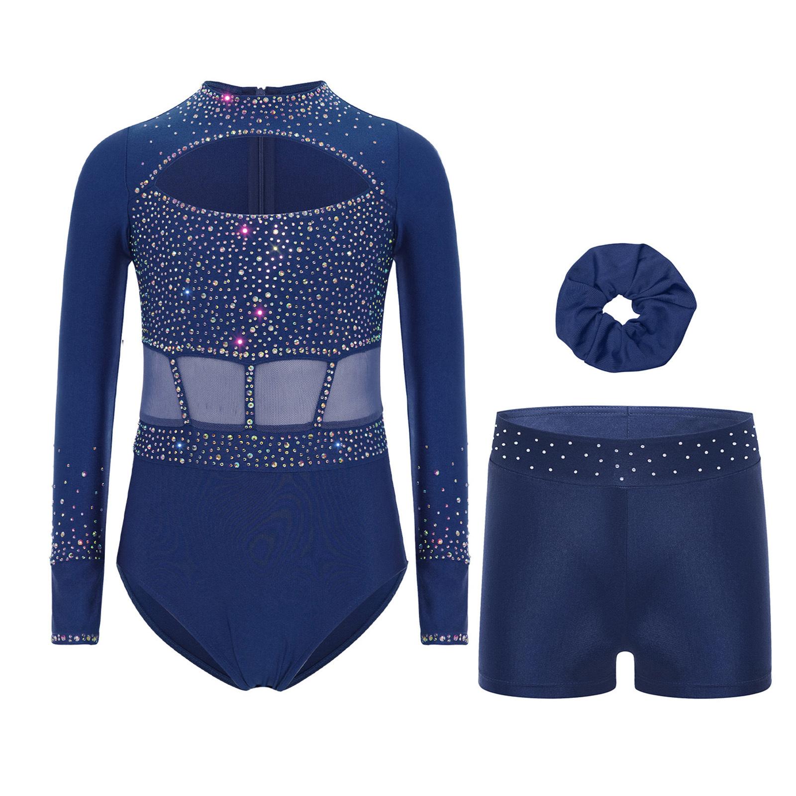 

Girls Gymnastics Dance Set Long Sleeve Shiny Cutout Front Back Zipper Leotard Rhinestones Shorts Headwear 5-6 Years темно-синього кольору