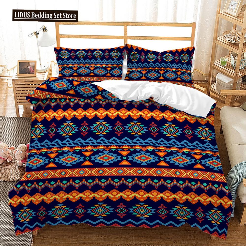 Bohemian Duvet Cover Set 3 Pieces Trellis Striped Ethnic Boho Vintage Quilt King Queen For Boy Girls Teens Polyester Bedding Set
