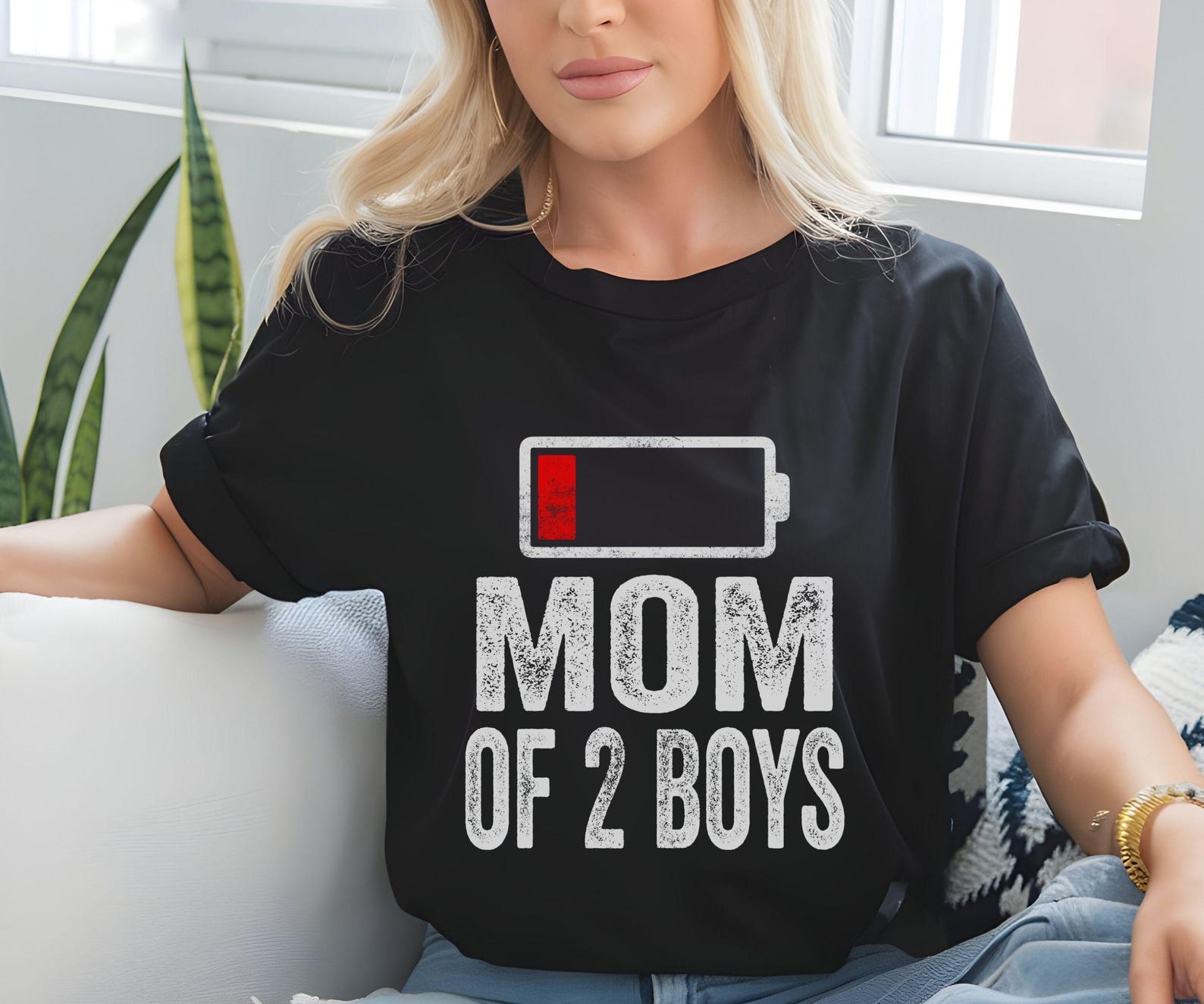 Mom of 2 Boys Low Battery Shirt | Funny Tired Mom Tee | Mothers Day Gift | Mom Life Humor | Birthday Gift for Mom | Customizable Design S