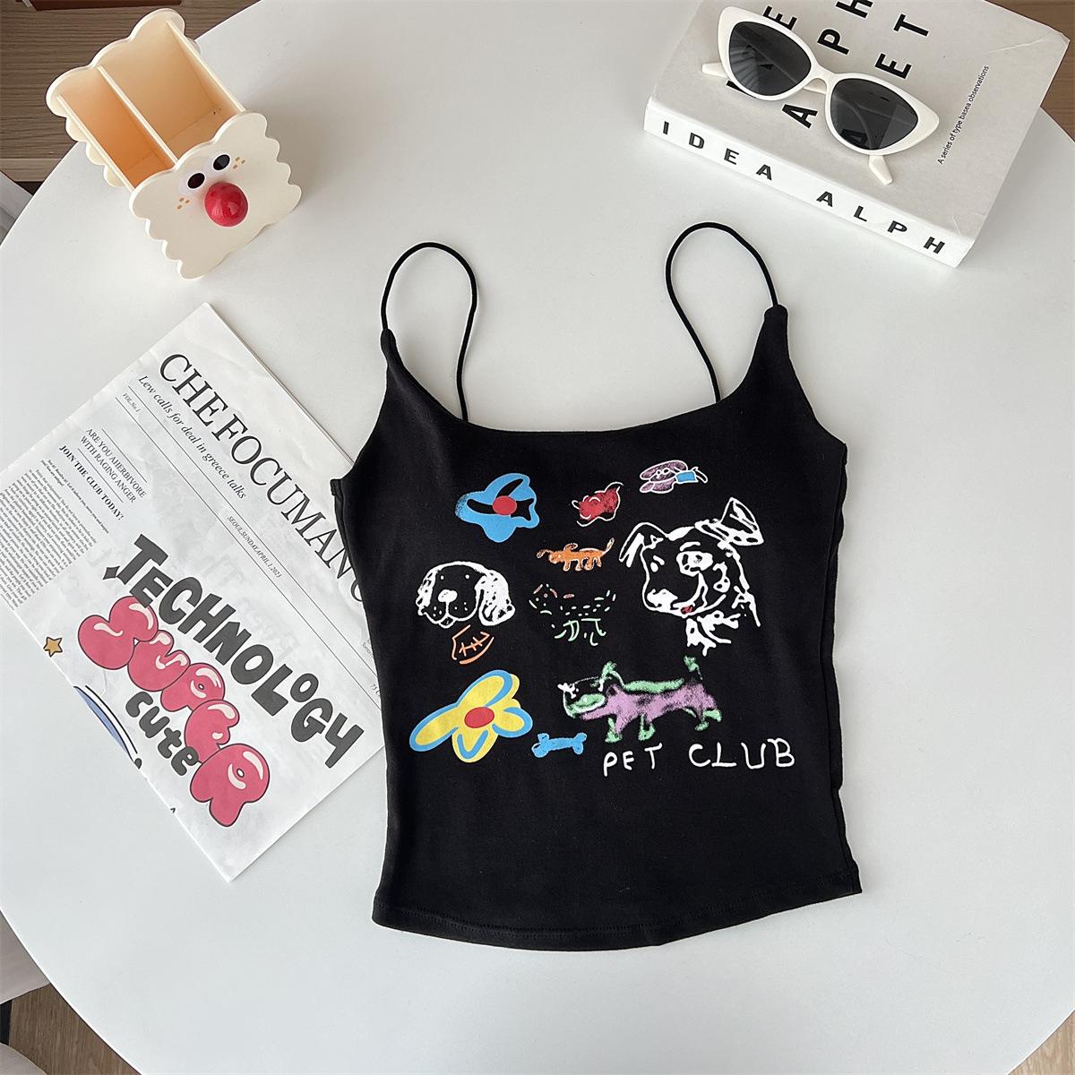 

Летние корейские топы на бретелях, женские милые майки с мультяшным принтом, топ на бретелях, женский сексуальный тонкий жилет-бретелька для женщин One Size