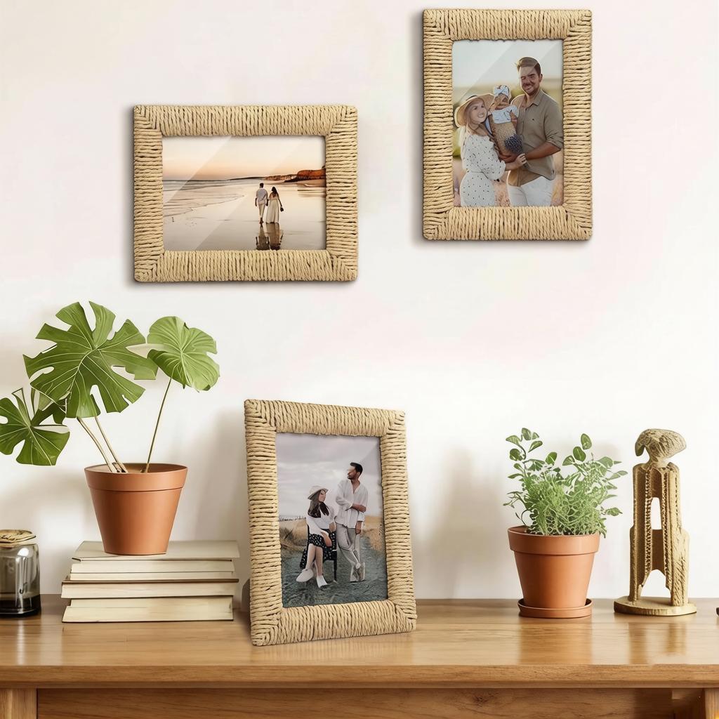 Cornice per Foto in Legno con Corda di Canapa Intrecciata Fatta a Mano Creativa, Elemento Decorativo in Rattan, Cornice per Foto Stile Boemo Scatola Portagioie