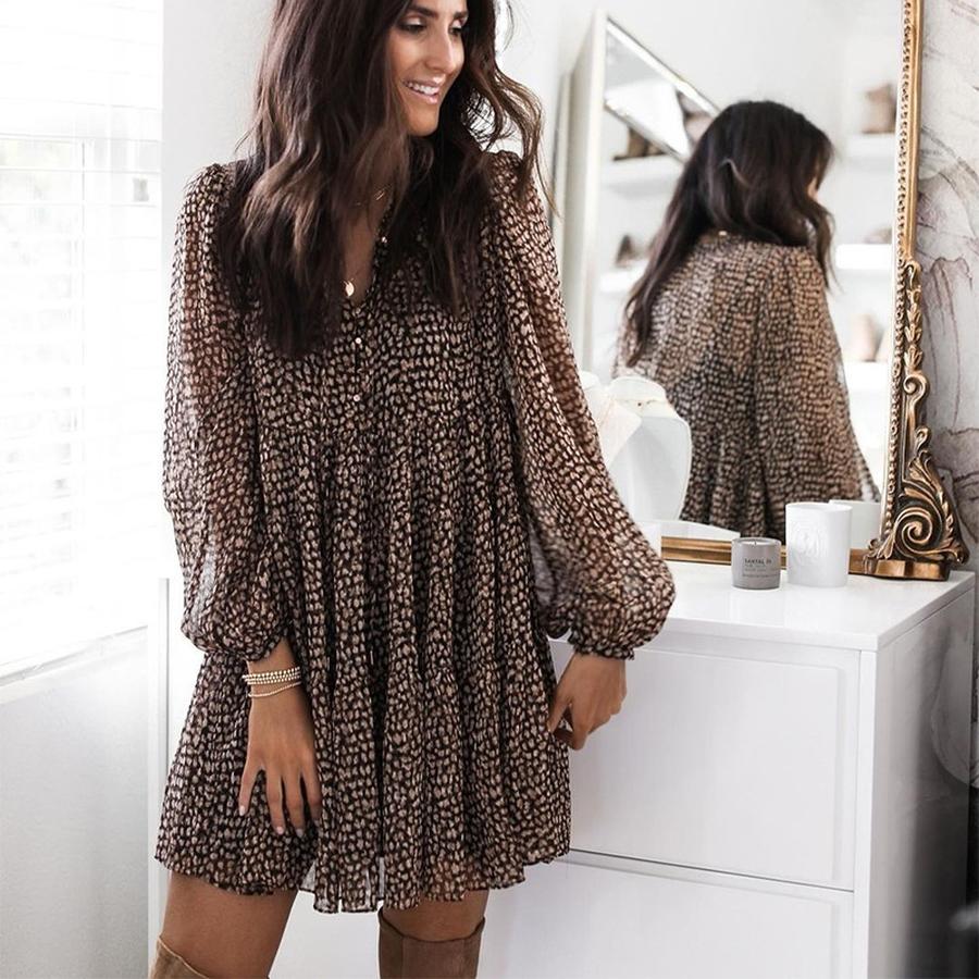 Women's Spring Loose Leopard Print Lantern Sleeve V-Neck Maxi Dress KDN