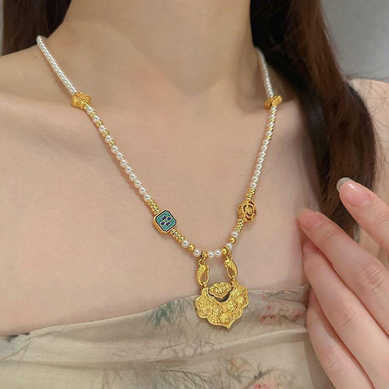 Ethnic Style Hollow Carved Lucky Bag Pendant Green Imitation Jade Handmade Beaded Long Necklace