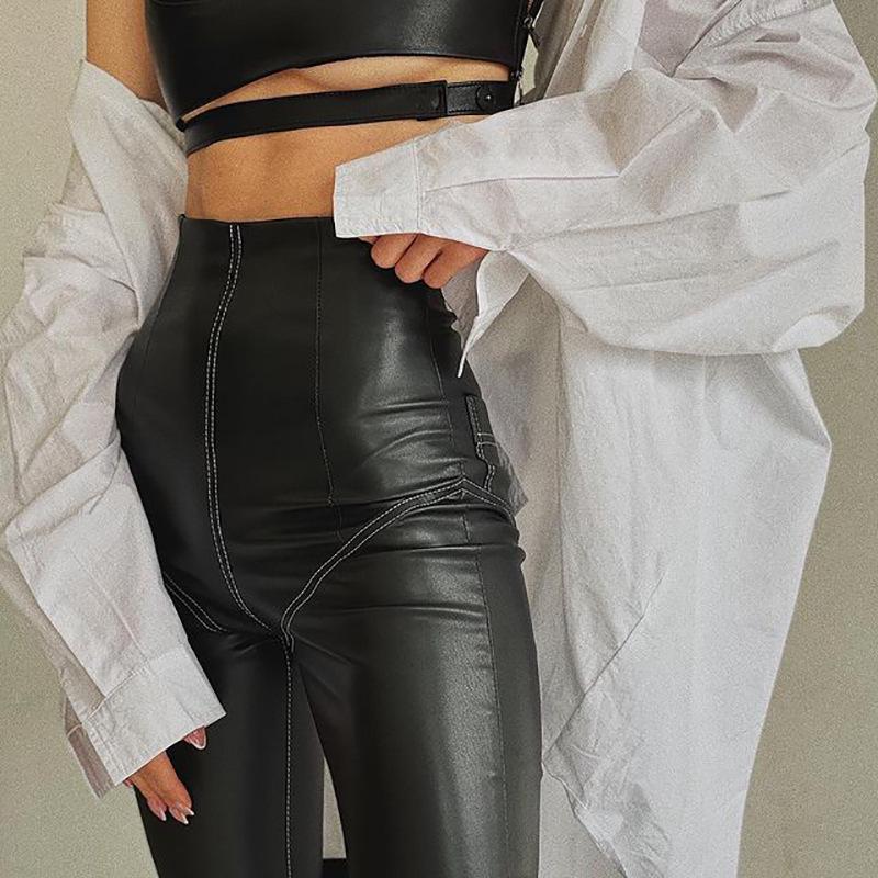 Trendy Women's PU Leather High Waist Patchwork Butt-Lifting Stretchy Pants