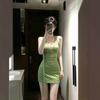 French Polka Dot Streamer Neck Dress Women's Summer Temperament Green Skirt Waist Hip Skirt Vacation Skirt