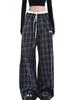 Women's High Waist Retro Patchwork Plaid Wide Leg Pants - Loose Casual Floor-Length Trousers