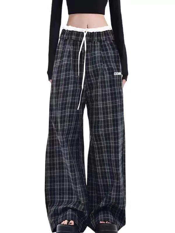 Women's High Waist Retro Patchwork Plaid Wide Leg Pants - Loose Casual Floor-Length Trousers