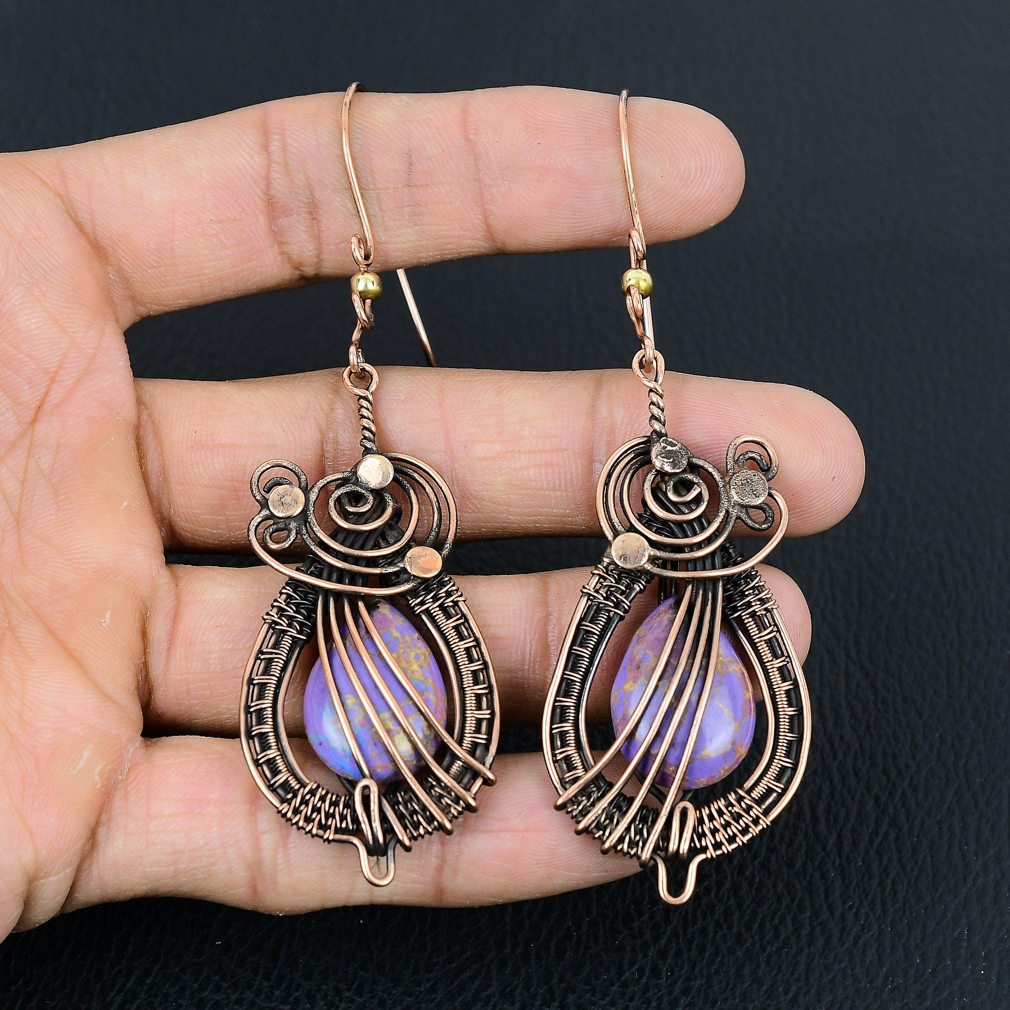 

Уникальные фиолетовые медные бирюзовые драгоценные камни ручной работы из чистой медной проволоки, ювелирные серьги 3.36 Inches фиолетовый