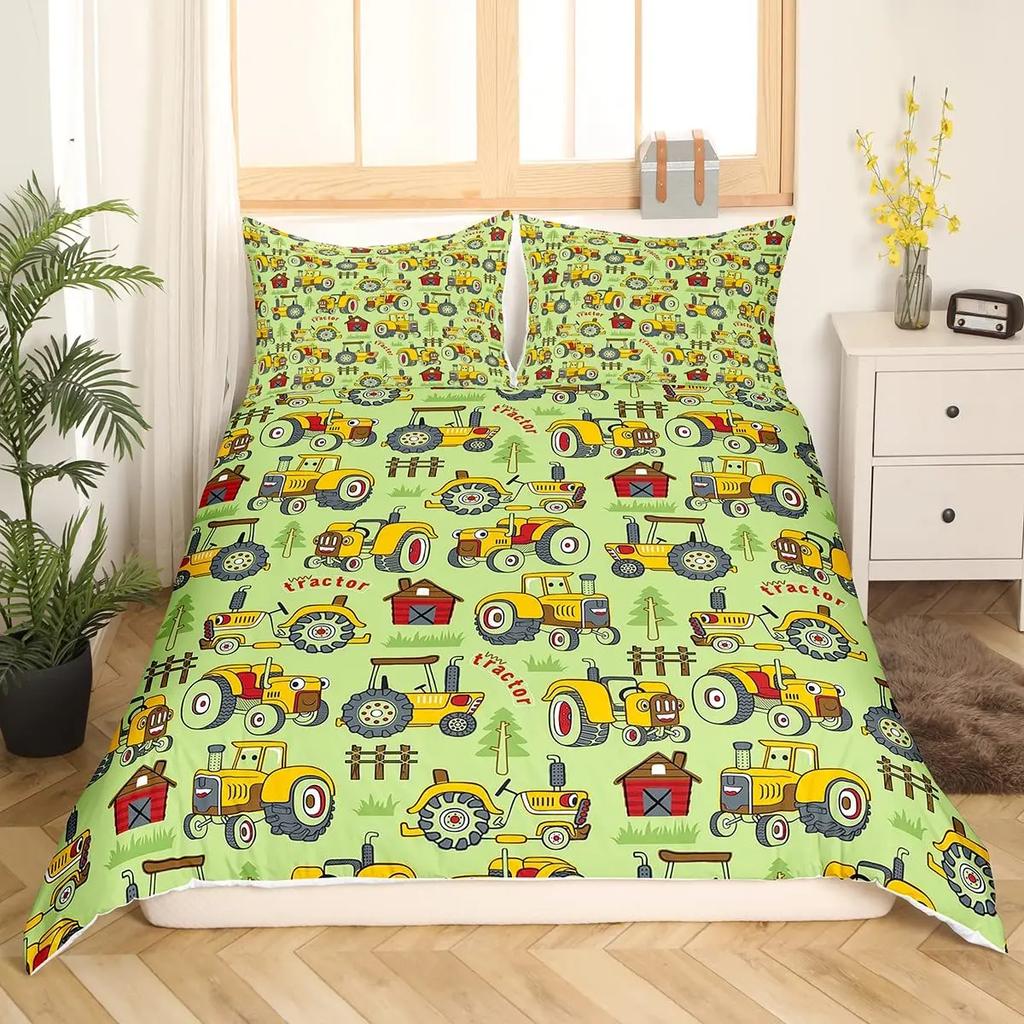 Conjunto de Roupa de Cama com Desenho de Escavadora e Trator de Construção 2/3 Peças King Amarelo Capa de Edredom Caminhão de Máquinas Capa de Colcha de Poliéster Carro para Crianças