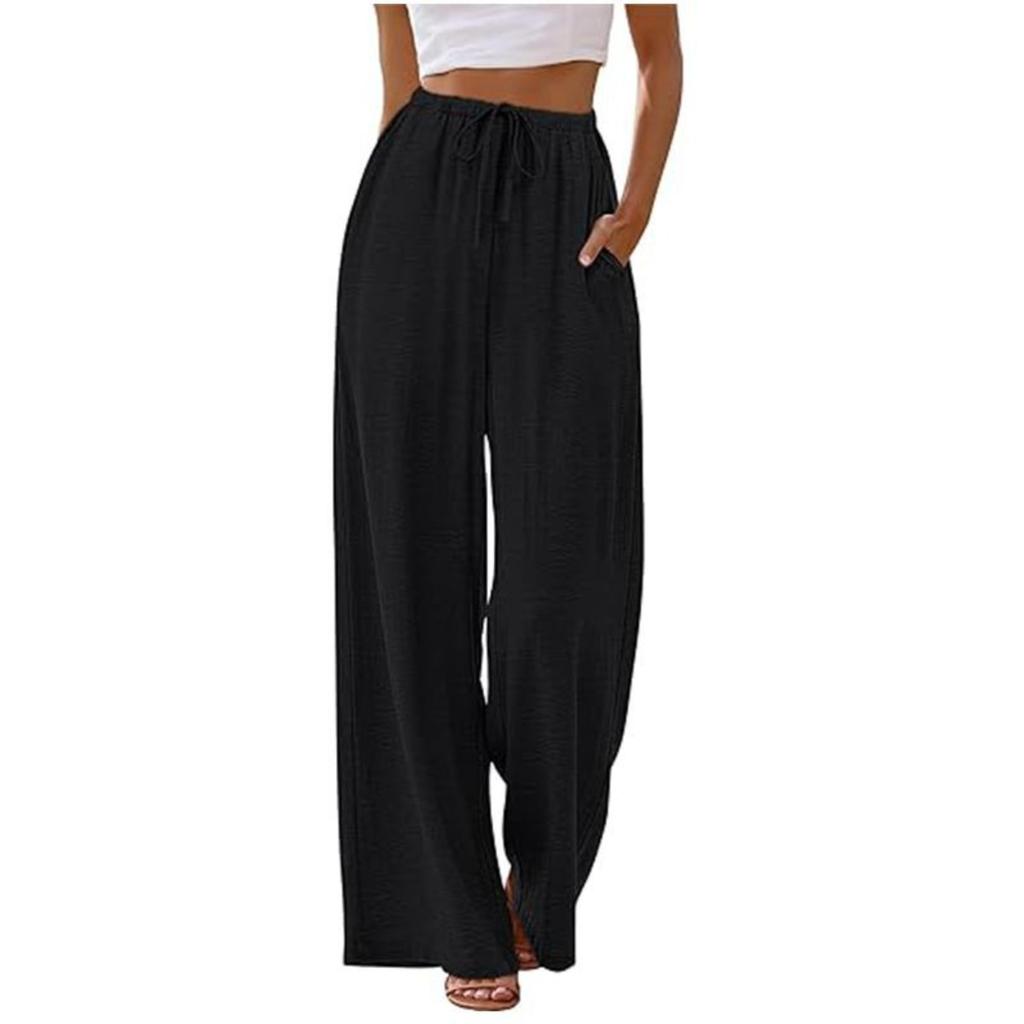 Damen Elastische Kordelzug Taille Seitentasche Weites Bein Hose Lockerer Schnitt Unifarben Bedruckt Palazzo Lässige Hose