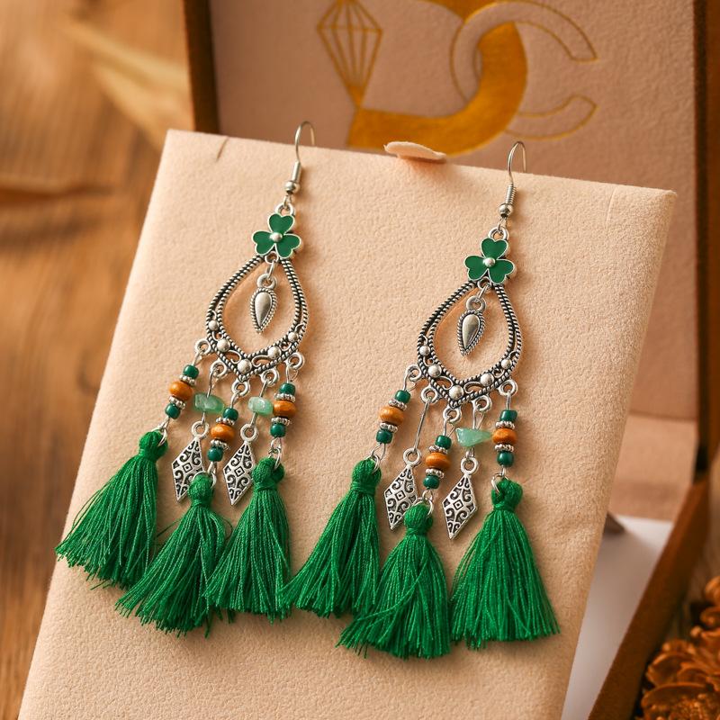 

Fashion Bohemian Heart Flower Enamel Geometric Tassel Earrings For Women Irregular Stone Beads Handmade Boho Wedding Zircon зелений