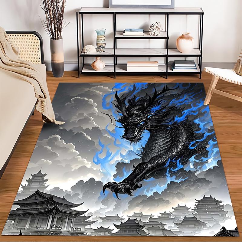 Black Dragon with Blue Flames and Chinese Temple Design Carpet Suitable for use as an anti-slip for living room bedroom sofas