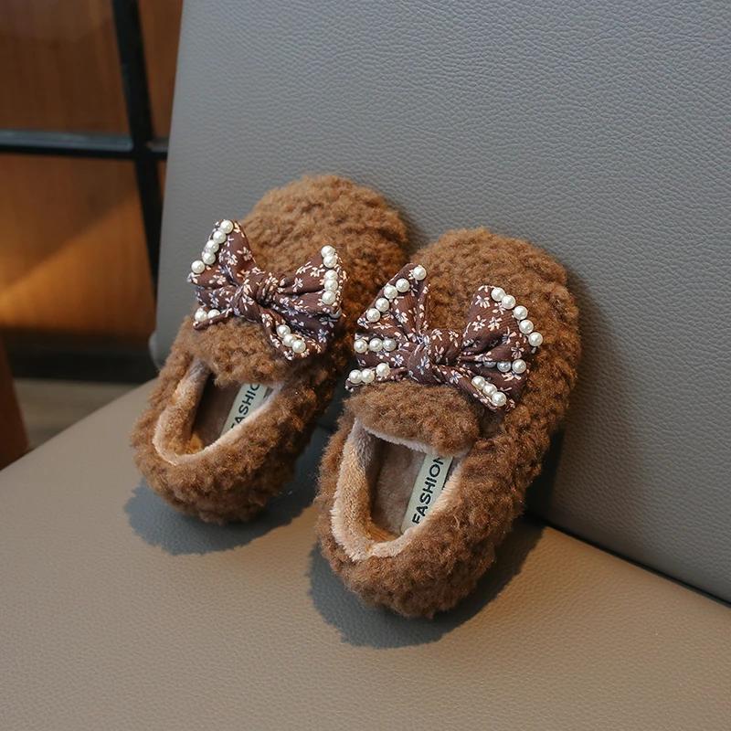 2024 New Girls Moccasin Shoes Bow with Pearls Solid Color Round-toe Children Fashion Plush Cotton Shoes Spring and Autumn Flat