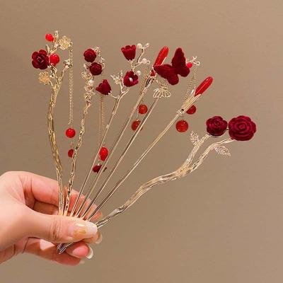 Retro Rose Haarnadel für Frauen Chinesischer Stil Quaste Haarstab Nadeln Haarspangen Blume Handgefertigt Haarnadeln Valentinstag Kopfschmuck